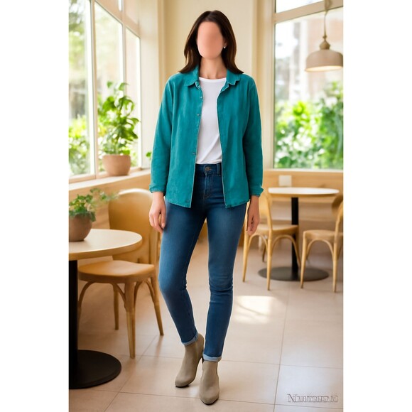 Chicos Additions Teal Textured Button Jacket Size 2 Hip Length Jacquard Workwear - Picture 16 of 16